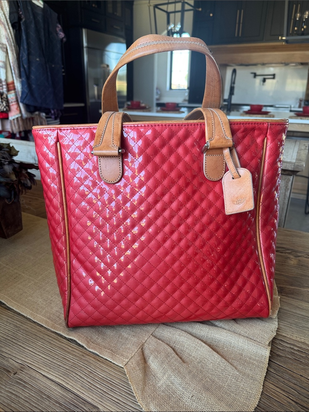 Quilted Coral Tote Bag with Tan Leather Handles